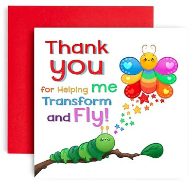 Huxters Thank you Teacher Card -Caterpillar Butterfly Transformation - Teaching Assistant Gift Card - 14.8cm