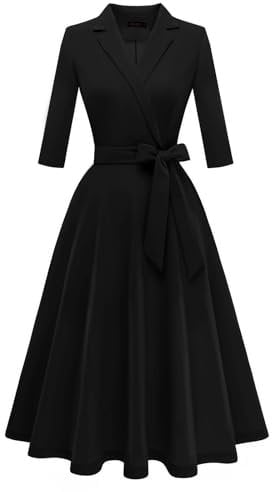 Meetjen Women's Wrap Flared Midi Dress A-Line Wedding Guest Cocktail Tea 3/4 Sleeve Swing Formal Dresses,Black,L