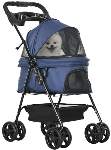 PawHut Cochecito para Perros Plegable Carrito para Perros Pequeños con Ruedas Universales Cesta de Almacenaje Correas de Seguridad y Ventana 67x45x96 cm Azul Oscuro