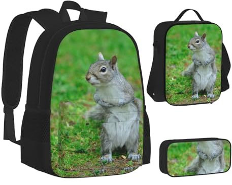 JUANYQME Eichhörnchen-Rucksack, 3-teiliges Set, Büchertasche, Federmäppchen, Lunch-Tasche, Kombination für Damen und Herren, Schwarz , One size