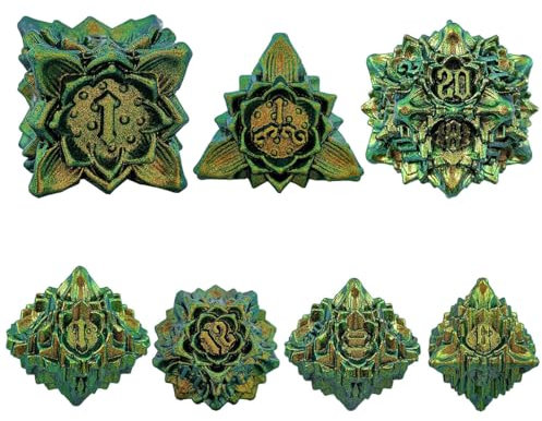 Hsthe Sea 7 Pezzi Leaf Design DND Dice DND Metal Dice Set Giallo Verde Dungeons And Dragons Dice, Dadi poliedrici Fatti a Mano Rpg D e D Giochi di Ruolo Dadi