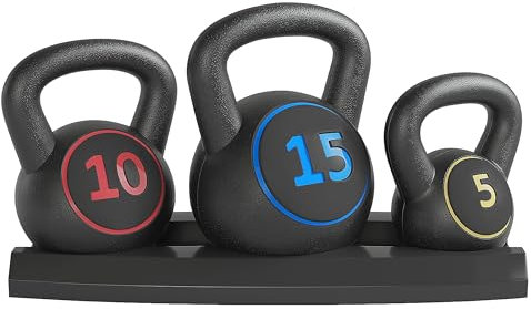 Yaheetech Kettlebell Set Kugelhantel Schwunghantel 2,2 KG (5 LB) / 4,6 KG (10 LB) / 6,8 KG (15 LB) Kettlebells mit Ablageschale 3er Kugelhantel-Set für Krafttraining Kugelgewicht