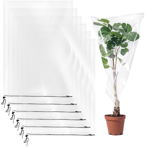 6 Pcs Winter Plant Film Cover with Drawstring-19.7 x 27.5 Clear Plastic Plant Cover Bags Transparent Waterproof Plant Shelter Bag Greenhouse Cover Bag for Outdoor Garden Plants Shrubs Sapling Crops