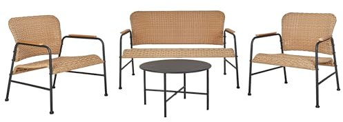 Ensemble de Jardin en Rotin PE 4 Places avec Canapé et Fauteuils Table Basse Structure en Acier et Pied Noir Ofanto