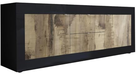 AltoBuy OTELLO - Meuble TV 2 Portes 2 Tiroirs Finition Noir Mat et Aspect Bois Antik