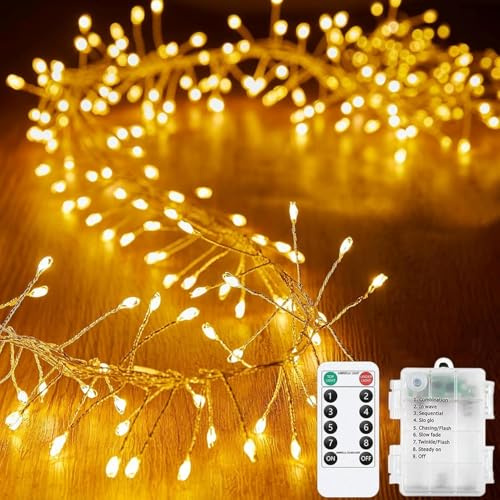 SUAVER Feuerwerk Lichterkette Außen Innen, Cluster Weihnachtsbeleuchtung LED Baum Licht Batteriebetrieben Timer Fernbedienung Wasserdicht Feuerwerkskörper Décor (Warmweiß, 6m 200LED)