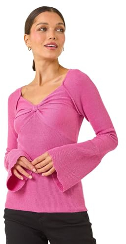 Roman Sweetheart Neck Ruched Knit Jumper for Women UK - Ladies Autumn Everyday Winter Holiday Long Sleeve Soft Glitter Fabric Warm Top Office Desk Sweaters - Pink - Size 12