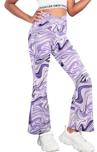 Arshiner Mädchen Schlaghose hohe Taille Flare Bootcut Sporthose für Yoga Tanz Solid Plaid Freizeit Bell Bottoms Schlaghosen Bein Glockenhose Kinder Lila Marmor 140 9-10 Jahre