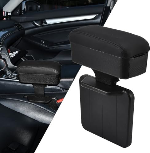 JSCARLIFE Car Armrest Storage Box, Adjustable Central Console Heightening Pad with Cup Holder, PULeather Seat Gap Organizer Elbow and Forearm Wrist Support for Most Vehicles (Black)