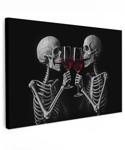 MuchoWow© Wandbilder Groß XXL Wohnzimmer Wanddeko Schlafzimmer Zimmerdeko | 120x80 cm - Wandgemälde Zimmer Deko auf Wand Dekoration Wall Art Skelette - Wein - Prost - Schädel - Schwarz
