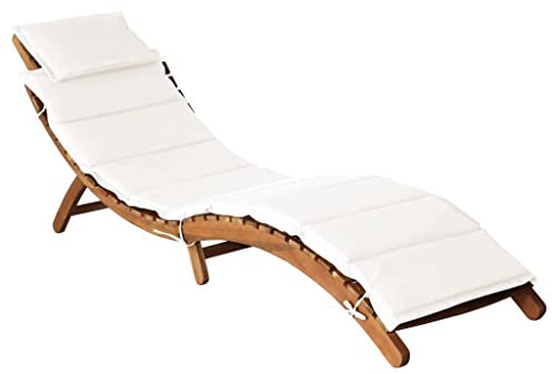 Myheimly Akazienholz Massiv Sonnenliege mit Auflage Klappbar Gartenliege Liegestuhl Holzliege Liege Gartenmöbel Saunaliege Strandliege Creme