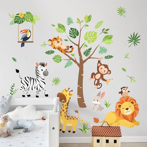 Decvictor Wandtattoo Baum Dschungel Tier Wandaufkleber Löwe Zebra Giraffe Affe Tiger Wandsticker Kinderzimmer Babyzimmer Wanddeko