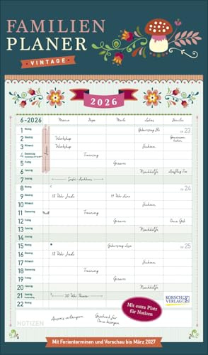 Vintage Familienplaner - Familienplaner 2026 für 5 Personen - Korsch-Verlag - Kalender mit 5 Spalten zum Eintragen - 27 cm x 46 cm