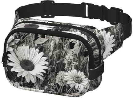 Bauchtasche für Damen und Herren, Crossbody-Gürteltasche, Schwarz und Weiß, Blumen, Gürteltasche mit verstellbarem Riemen, Hüfttasche