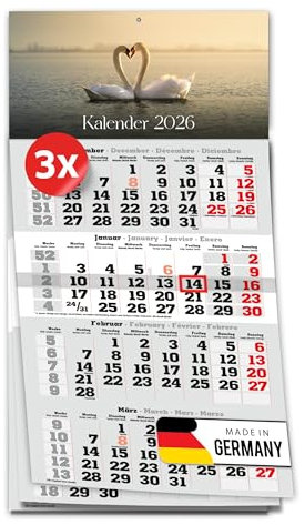 PRIMUS PRINT 4-Monats Einblockkalender 2026 mit Schieber - Wandkalender zum Aufhängen - großer Monatskalender- inklusive Feiertagen - verschiedene Motive, verschiedene Sets [ 3x Schwäne ]