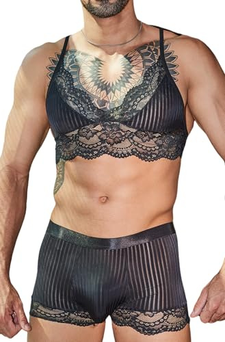 AIEOE Ensemble de lingerie en dentelle pour homme - Soutien-gorge transparent et culotte taille basse - 2 pièces, Boxers, taille unique