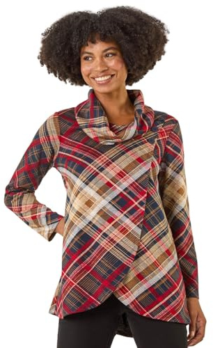 Roman Originals Women's Cowl Neck Long Sleeve Tunic Ladies Lightweight Longline Patterned Top Blouse Snit Autumn Winter Work & Casual Smart Wear Going Out Party Loungewear - Red Plaid - Size 16