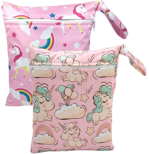 Wetbag Kindergarten 2 Stück, Nasstasche Rosa Einhorn, Wasserdichter Tragbar Beutel Windeltasche für Unterwegs, Wet Bag Klein Beutel für Nasse Badesachen, Wiederverwendbar Wickeltasche Organizer