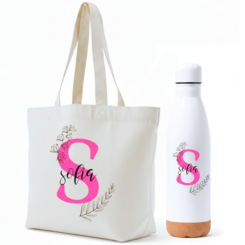 Gifters | Sac personnalisé avec initiale et prénom et bouteille en acier inoxydable de 750 ml | Sac shopper, tote bag avec fermeture éclair | Coffret cadeau original pour femme