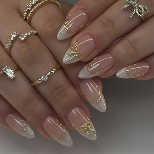 Zosutetoxo Falsenails, 24 pièces de faux ongles à presser medium almond French blancs, ongles adhésifs avec nœud doré pour femme
