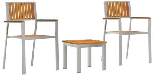 Qnhdfrt Garten Essgruppe 3-teilig, Sitzgruppe für Garten und Terrasse, Balkonmöbel Set aus Akazienholz und Edelstahl, 1 Tisch und 2 Stühle, Braun Silber, Kompaktes Design für Außenbereiche