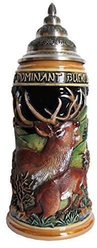 King Wildlife stag stein, cobalt, handpainted, ptd. pewter lid 0.75 liter, beer mug