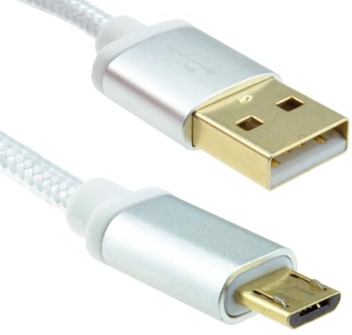 kenable Braided Metal USB 2.0 A to Micro B Cable 24AWG Fast Charge & Data Sync Lead Silver 2m