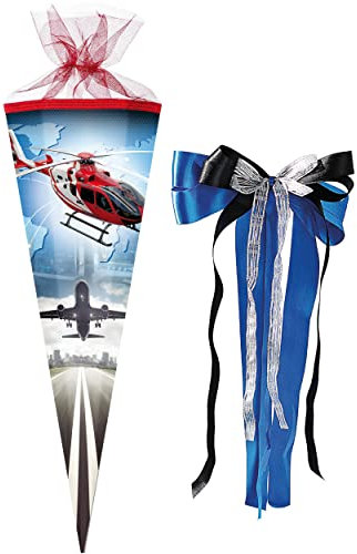 alles-meine.de GmbH Schultüte - Helikopter - Flugzeuge/Hubschrauber - 50 cm - rund - incl. große Schleife - mit Tüllabschluß - Zuckertüte - mit/ohne Kunststoff Spitze - N..