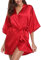 Vlazom Women Kimono Robes Satin Dressing Gown Short Bridal/Bridesmaid Robe Nightwear with Oblique V-Neck, Wine Red, L(UK 12-14)