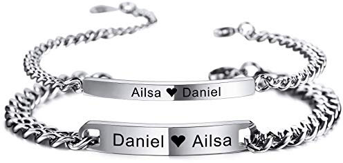MeMeDIY 2 Stücke Set personalisierter Paar-Armbänder Anpassen Gravur Name/Datum für Männer Frauen Freundin Edelstahl Verstellbarer Panzerkette Liebesbeziehung Valentinsgeschenk(Silberne)