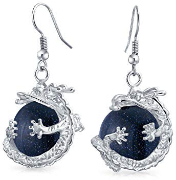 Boucles D'Oreilles Pendantes En Forme De Boule Ronde En Pierre D'Or Céleste Bleue Métallique Avec Dragon Asiatique Chinois Pour Femmes Adolescentes