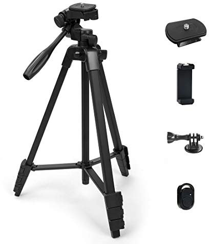 Phinistec 137cm Trépied pour Smartphone, Appareil Photo, iPhone, Projecteur, avec Adaptateur de Téléphone et et Télécommande Bluetooth pour Photo et Vidéo (Noir)