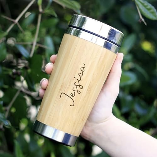 eBuyGB Personalised Bamboo Travel Mug, Insulated 500ml Reusable Drinks Flask, Double Walled Stainless Steel Travel Cup