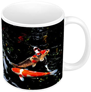 Tasse mit drei Karpfen Koi in den Schwarzwasser, Japan