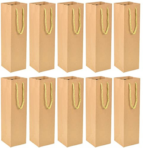 Colexy 10 Stück Flaschentüten Weinflaschen Tüten, Premium Geschenktüten für Wein, Kraftpapier Geschenktüten Weintasche mit Henkel Recycelbarer, Champagner Geschenktasche für Hochzeit, Party(Braun)