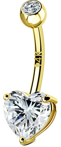 OUFER Body Piercing Internally Thread Bauchnabelpiercing 14K Solid Gold Belly Piercing Heart Cubic Zirconia Bananabells Körperschmuck Piercing Bauchnabelpiercing nabelpiercing 10mm 12mm 14mm 16mm