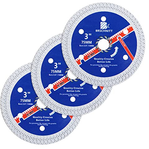 Super Thin Diamond Porcelain Cutting Disc with X Teeth,BRSCHNITT3pcs 3 Inch (75mm) x Arbor 10mm Diamond Disc for Dry/Wet Cutting Porcelain Tile Ceramic Marble Granite