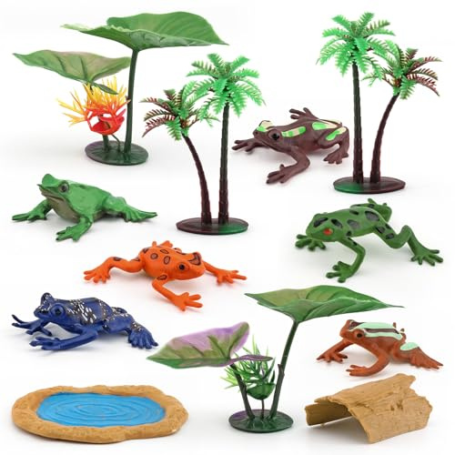 BRETOYIN 12PCS Pond Toys Animals Mini Poison Dart Frog Figurines Collectible Plastic Frogs Toys Lotus Pond Set Cake Toppers School Frogs Project for Boys and Girls Kids Toddlers