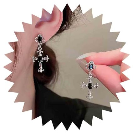 Inilbran Boho Schwarzes Kreuz Tropfen Ohrstecker Vintage Onyx Kreuz Baumeln Ohrringe Silber Stern Kreuz Ohrringe Gothic Schwarz Edelstein Ohrringe Religiöse Christliche Ohrringe Schmuck Für Frauen