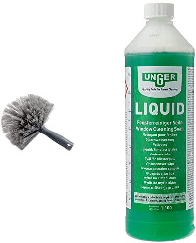 UNGER Spider Web & Cobweb Duster Brush - Internal or External - Fits Telescopic Poles & FR100 Window Cleaning Liquid Soap - Smear Free Window Glass Cleaner 1L