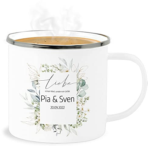 Emaille Becher Blechbecher - Hochzeit Tassen - Liebe ist kein Wort - Gefühl - Partner Geschenk Partnerin Datum - 300 ml - Weiß Silber - hochzeits tasse hochzeitstag hochzeitsgeschenk