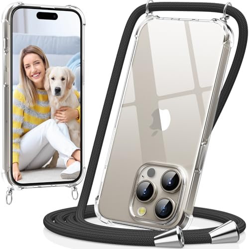 caslord Handyband kompatibel mit iPhone 15 Pro Max, Necklace Hülle mit Bands Handyhülle für zum Umhängen, Transparent Case mit Handykordel,Stoßfeste Schutzhülle zum Umhängen Kordel, Schwarz