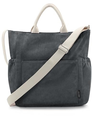 Prite Sac à Main Femme Bandoulière Réglable Fourre-Tout en Velours Côtelé pour Le Travail, Les Voyages, Le Shopping, L'école, Le Collège (Gris)
