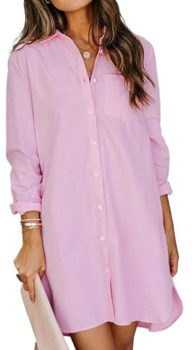 MINTLIMIT Robe chemise décontractée à manches longues boutonnée pour femmes, couverture de maillot de bain surdimensionnée pour femmes, 2023 S-2XL, 75_rose, L