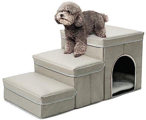 Hibtn Dog Steps For Bed,Non-Slip Dog Stairs With Bed& Sofa,Foldable 3 Steps Waterproof Stairs For Small Dogs And Cats,Pet Ramp Pet Ladder For Dogs Cats,Beige