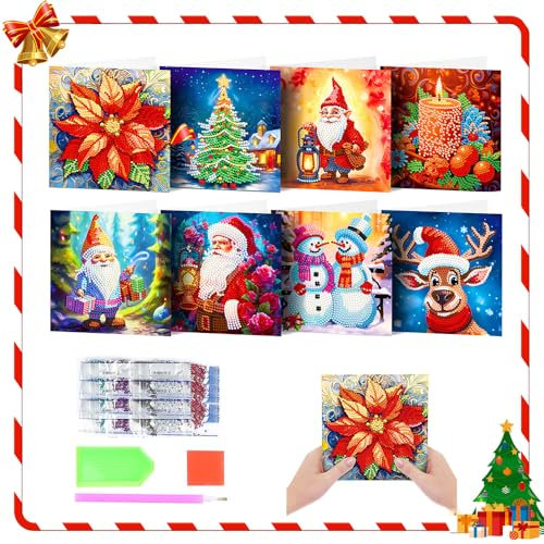 Starnearby 8 Stücke Weihnachten Diamond Painting Set Weihnachten Karten DIY Diamant Painting Malerei Geschenkkarte Handgefertigte Grußkarten Weihnachtskarte Strass Handwerk Grußkarte(Weihnachten A)