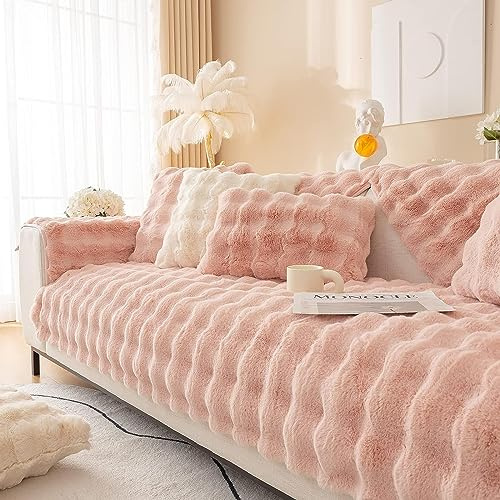 LINGKY Sofabezug Ecksofa L Form Kaninchen Plüsch Sofa Überzug Couchbezug Sofa/Couch Wurfdecke Eckcouch 3/2/1 Sitzer Sofaschutz Sofaüberwurfe Sofaschoner rutschfest Hund Katze (Rosa,110x160cm)