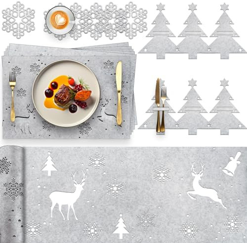 Kazaigou 19 Stück Tischset Weihnachten Tischläufer Filz Weihnachten Bestecktasche, Tischsets Weihnachten Platzsets Weihnachten, Tischsets Filz Tischuntersetzer Tischläufer Tischsets für Weihnachten