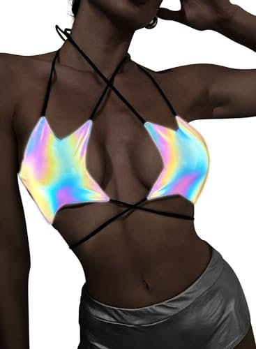 Rave Star Top Für Damen - Festival Outfit Sexy Spaghettiträger Rücken Verkreuzt Sport Bh Taillenketten Nightclub Body Chain Frauen Weste Verschiedene Tragemethoden Crop Tops(Holographic,XL,1078r)