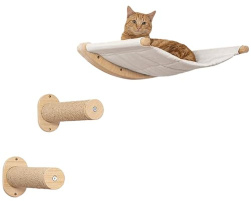 UINOFER Kletterwand Katzen, Wandmontage Katzenhängematte mit Katzenleiter, Katzenbett zum Klettern aus Natur-Holz (Hängematten-Set)